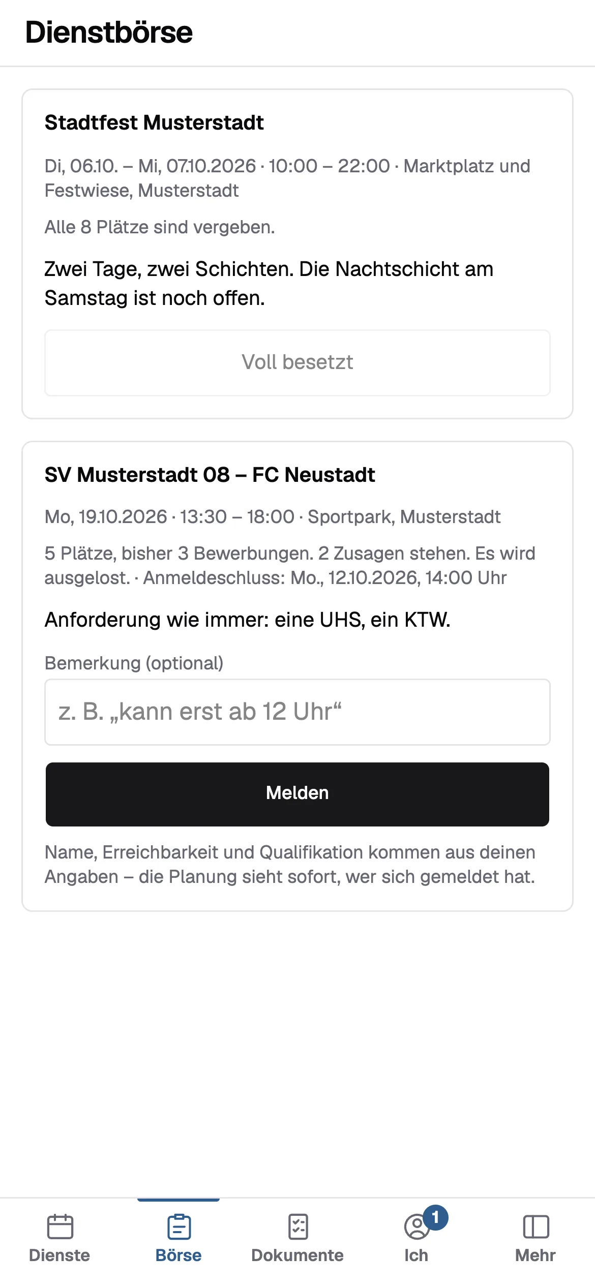 Die Dienstbörse auf dem Telefon mit freien Plätzen und dem Knopf zum Melden