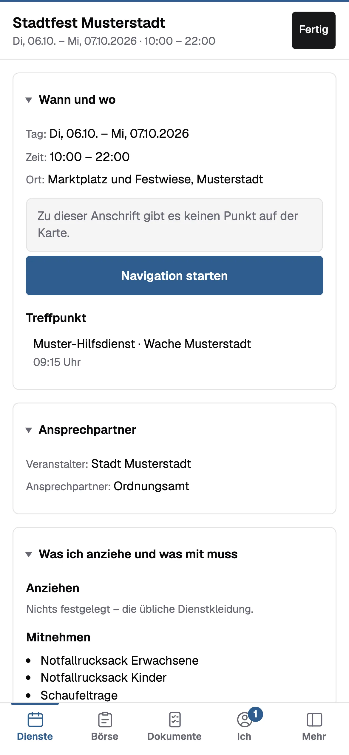 Der Dienstzettel: Tag, Zeit, Ort, Navigation, Treffpunkt, Ansprechpartner, Kleidung und was mit muss